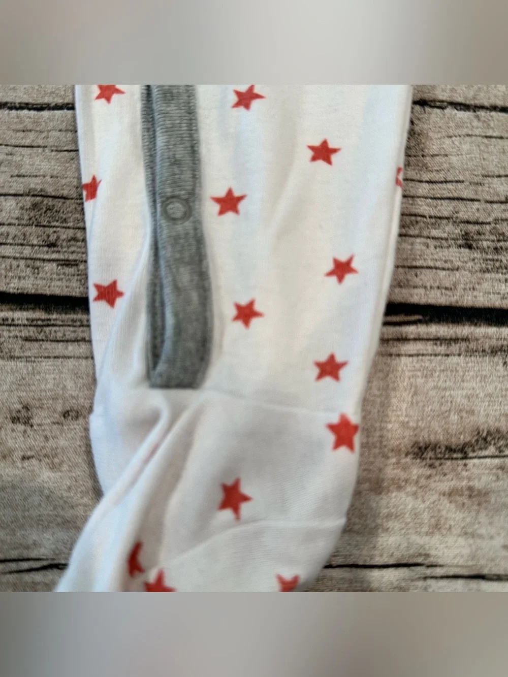 Mini Boden White Footed One-Piece with Red Star Print and Gray Trim Unisex 6-9